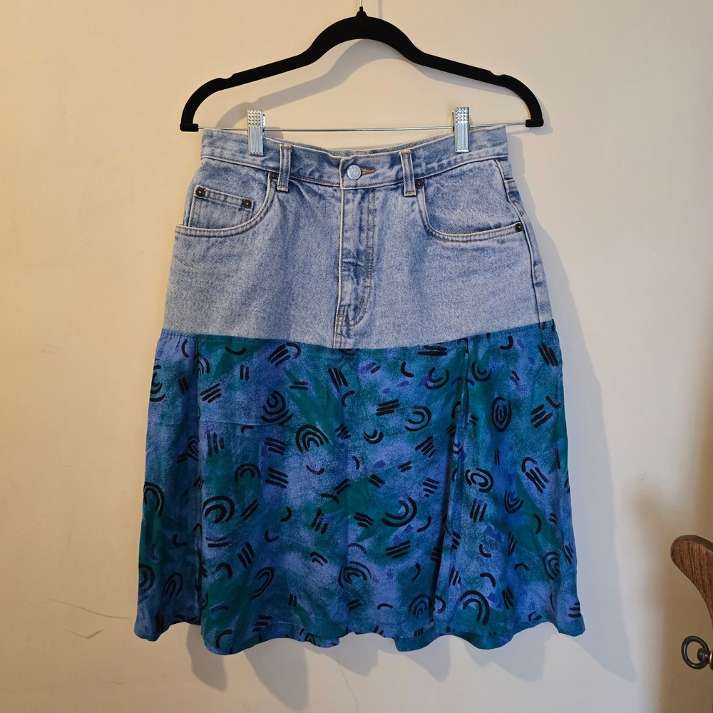 Vintage Old Navy Denim Mixed Media Abstract Print Skirt Blue Teal Women 6 90s